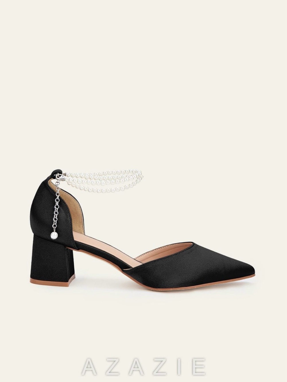 Azazie Metallic Satin Pearl Strap Pointed Toe Block Heels - Size 7 US